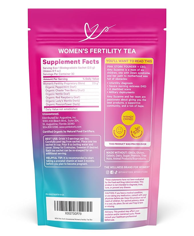 Pink Stork Fertility Tea for Conception and Hormone Balance with Organic Mint, Vitex, and Red Raspberry Leaf, Caffeine Free - Mint, 15 Sachets, Hot or Iced