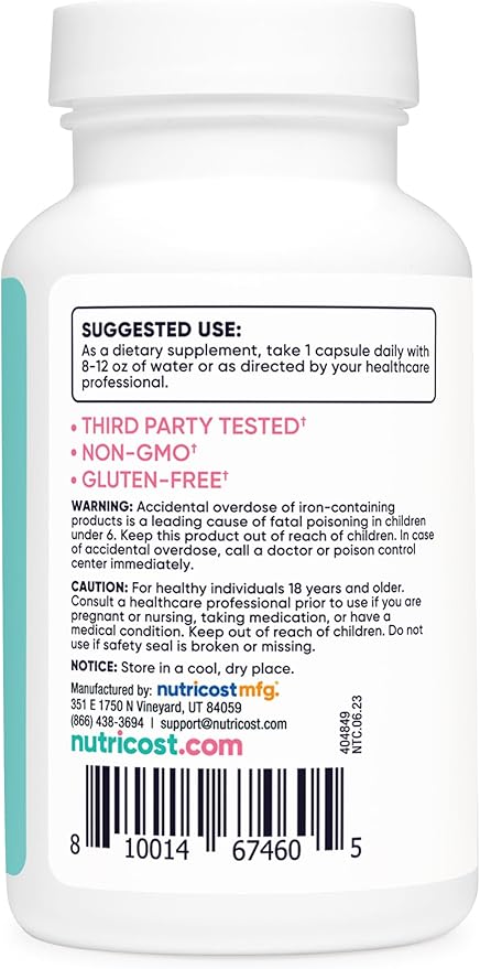 Nutricost Iron for Women 65mg, 180 Capsules, with Vitamin C, Folate, & Vitamin B12 - Vegetarian Friendly, Non-GMO, Gluten Free