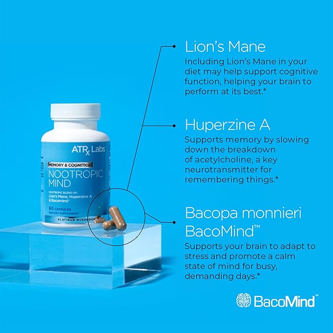 Nootropic Mind: Memory & Cognition - Brain Supplement, with Lion’s Mane Mushroom, Huperzine A, and Bacopa, May Support Brain Health, Vegan and Gluten-Free, 60 Capsules