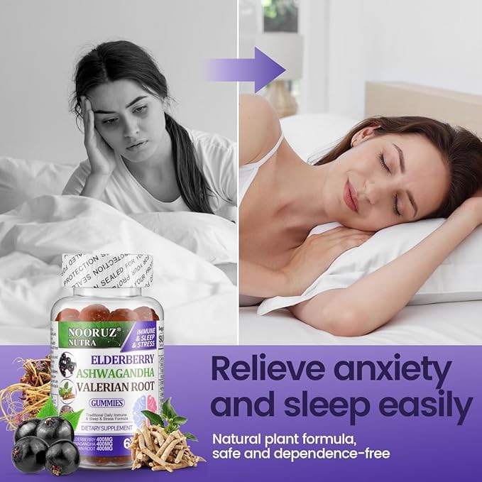 Ashwagandha Elderberry Valerian Root Gummies - Triple-Action Vegan Supplement for Healthy Cortisol Levels,Sleep Support - Non-GMO, Plant-Based, Gluten-Free, Gelatin-Free Vitamins