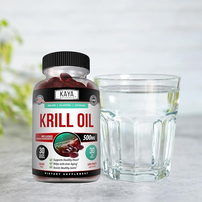 Kaya Naturals - Antarctic Krill Oil 500mg with Omega 3, EPA, DHA, Phospholipids & Astaxanthin Supplement - Brain & Health Vitamin - Anti Aging Supplement - 30 Count Softgels