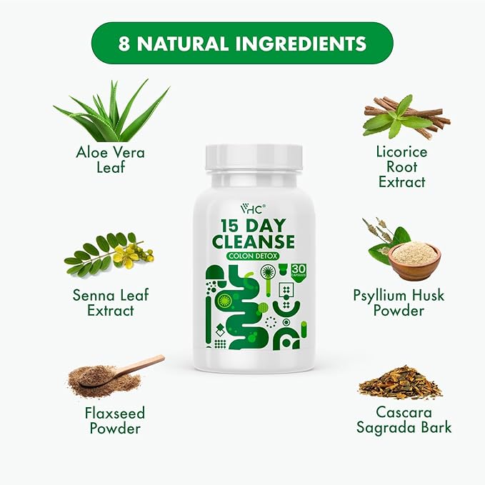 VHC 15 Day Cleanse,Colon Detox and Gut Health for Women and Men,Detox Supplement with Strength Senna Leaf,Cascara Sagrada & Psyllium Husk,Made in USA,Vegan, Non-GMO Ingredients,30 Capsule