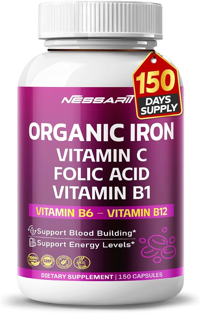 Organic Iron High Potency with Vitamin C, Folic Acid - High-Absorption Formula Vitamin B1, Vitamin B6, Vitamin B12 - Support Blood Building - 150 Count - Made & Tested in The USA