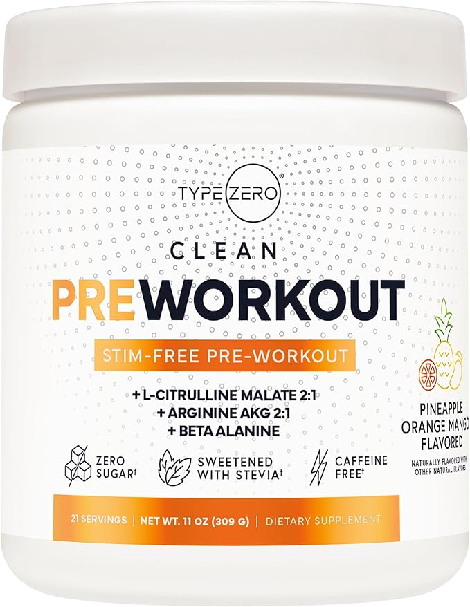 Type Zero Ultra Clean Stim Free Pump Pre Workout (Pineapple Orange Mango) Beetroot, Arginine, Citrulline Malate, Betaine, Beta A, ACV+ Sugar/Caffeine Free Non Stim Preworkout Men & Women