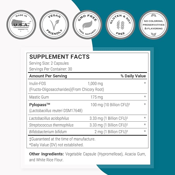 Supersmart H. Pylori Advanced Formula (Mastic Gum, Probiotics & Prebiotic) - Complete Action | Made in USA | Non-GMO & Gluten Free - 60 Vegetarian Capsules