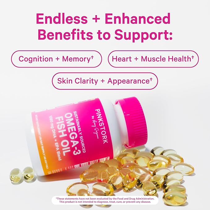 Pink Stork Omega 3 Fish Oil Supplements for Women with DHA and EPA - High Potency Burpless Omega-3 Supplement for Cognitive Health - 60 Softgels
