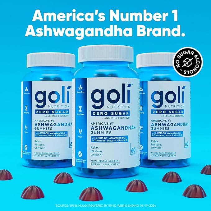 Goli Zero Sugar Ashwagandha & Vitamin D, Maca, L-Theanine Gummies, No Artificial Sweeteners, No Sugar Alcohols. Mixed Berry, KSM-66, Vegan, Plant Based, Non-GMO, Gluten-Free & Gelatin Free. (3)