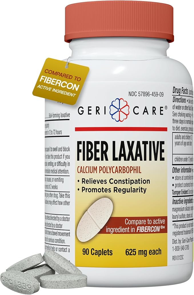 GeriCare Fiber Laxative - 625mg Calcium Polycarbophil Fiber Supplement for Women and Men - Gentle Effective OTC Relief for Constipation and Hemorrhoids - Insoluble Fiber Caplets (90 Count)