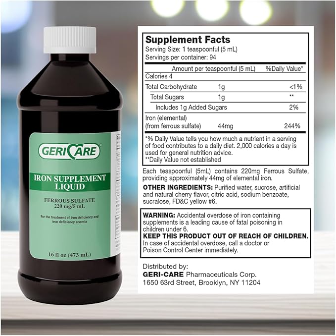 GeriCare 220 High Potency Liquid Iron Supplement | Liquid Iron for Adults | for Anemia and Iron Deficiency | 220mg of Iron Per 5mL Dose. (Pack of 1)