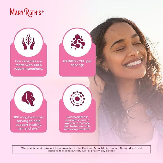 Probiotic Beauty Capsules by MaryRuth's | Vegan Collagen Support | Anti Aging | Gut Health | Hair Skin and Nails Vitamins | Skin Care | Biotin | Non-GMO Project Verified | 60 Count