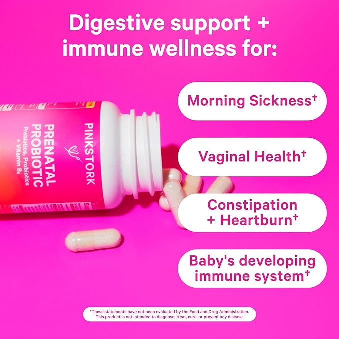 Pink Stork Prenatal Probiotics for Women - Vitamin B6, Prebiotics, Morning Sickness, Gut Microbiome, Pregnancy Probiotic, Immune Support, Pregnancy Must Haves - 60 Capsules