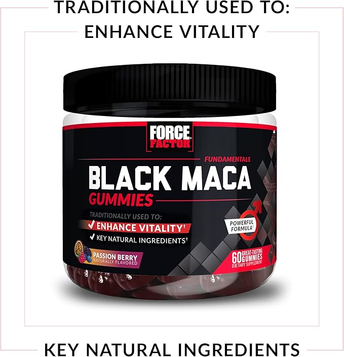Force Factor Black Maca Gummies, 3-Pack, Black Maca Root to Enhance Male Vitality, Increase Energy & Strength, with BioPerine for Superior Absorption, Delicious Passion Berry Flavor, 180 Gummies