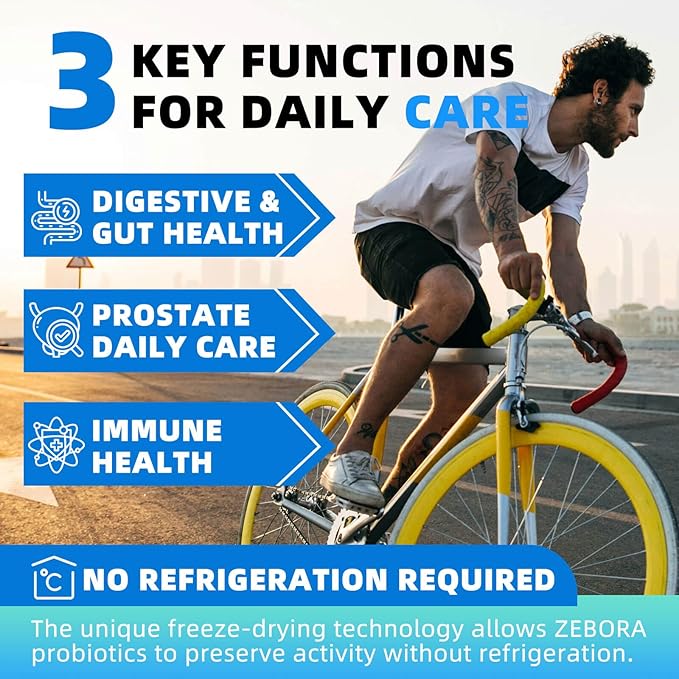 ZEBORA Probiotics for Men 100 Billion CFU - Probiotics for Digestive Health, Men's Probiotic Supplement, Prebiotics & Enzymes, for Prostate Health with Saw Palmetto | 90 Veg Capsules