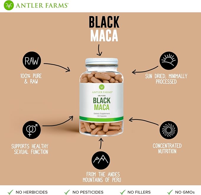 Antler Farms - 100% Pure Black Maca Root, 130 Capsules, 1500mg – Grown in The Junin Plateau in Peru, Male Energy, Vitality & Stamina, Hormonal Balance, Memory & Mental Clarity