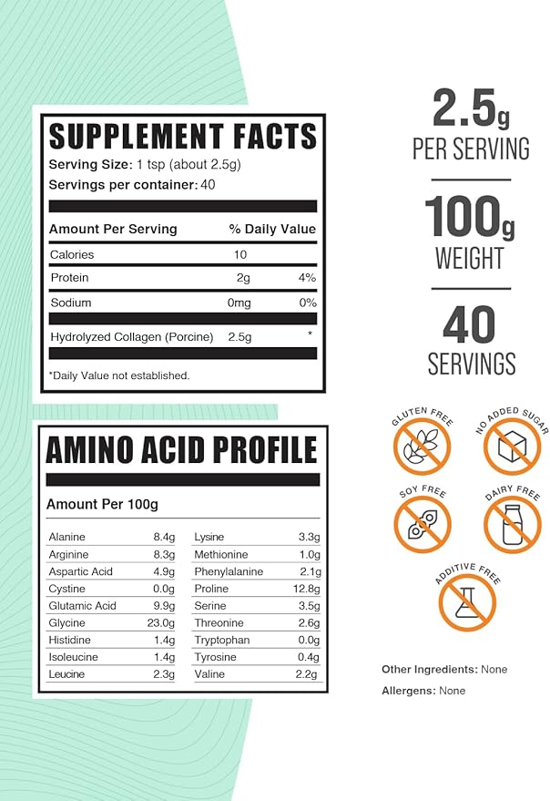 BulkSupplements.com Porcine Collagen Powder - Hydrolyzed Collagen Powder, Collagen Supplement, Collagen Protein Powder - Gluten Free, 2500mg per Serving, 100g (3.5 oz) (Pack of 1)