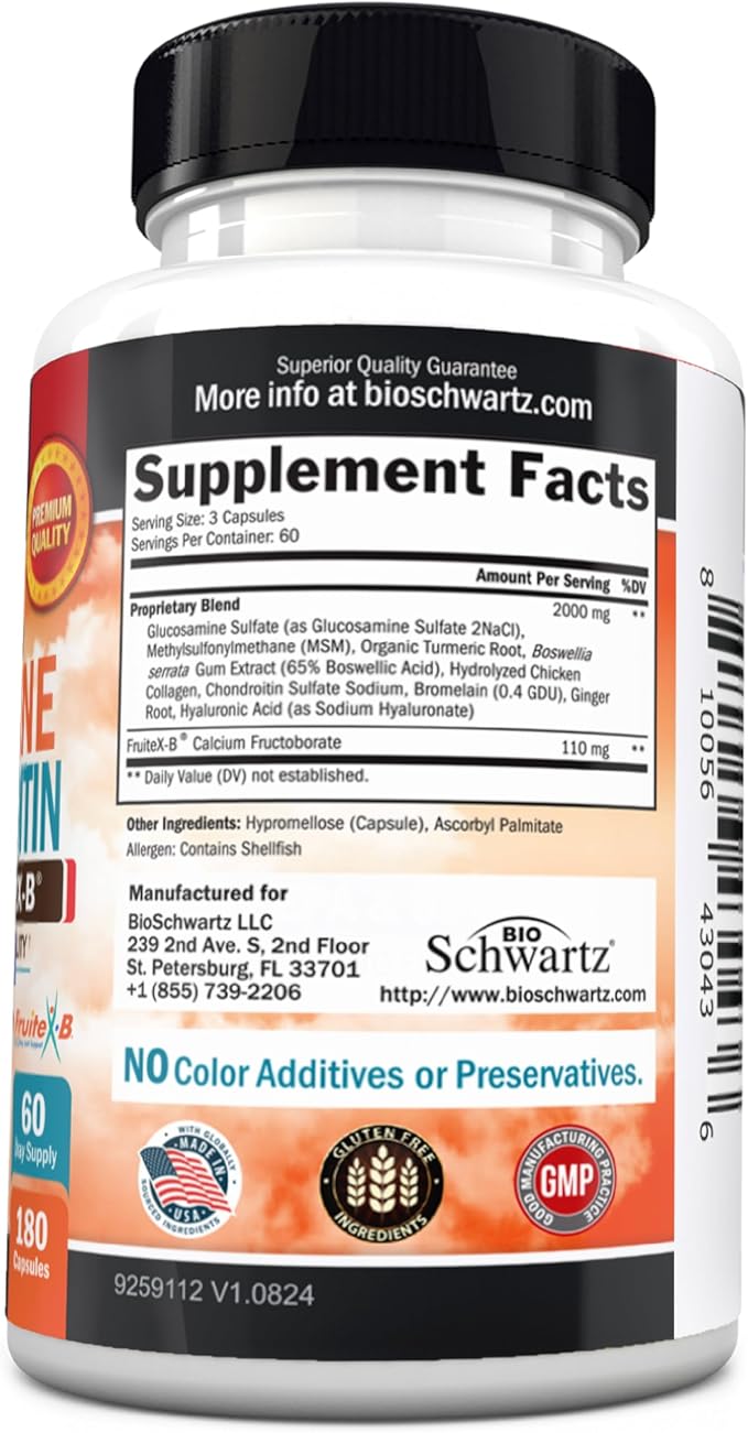 Glucosamine Chondroitin MSM Joint Support Supplement - FSA HSA Approved - Collagen Peptides, Turmeric and Ginger, Hyaluronic Acid, Glucosamine Chondroitin Sulfate - Gluten Free, Non GMO, 180 Capsules