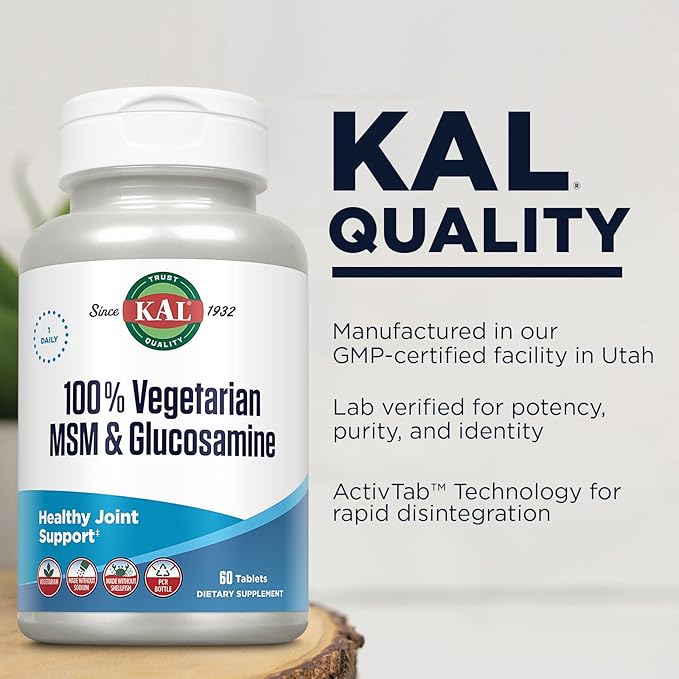 KAL 100% Vegetarian MSM & Glucosamine - Healthy Joint Support - Vegan Glucosamine and MSM Supplement - Made Without Shellfish - Lab Verified - 60-Day Guarantee - 60 Servings, 60 Tablets