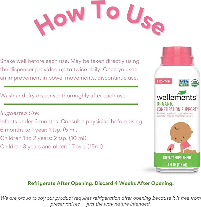 wellements Organic Baby Constipation Support Relieves Occasional Constipation for Infants & Toddlers, No Harsh Laxatives, USDA Certified Organic, 4 Fl Oz (Pack of 2), 6 Months +
