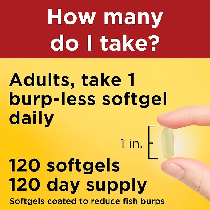 Nature Made Burp Less Omega 3 Fish Oil Supplements, 1200mg, EPA DHA Omega 3 Supplement as Ethyl Esters, Fish Oil Softgels for Healthy Heart, Brain and Eyes Support, One Per Day, 120 Softgels