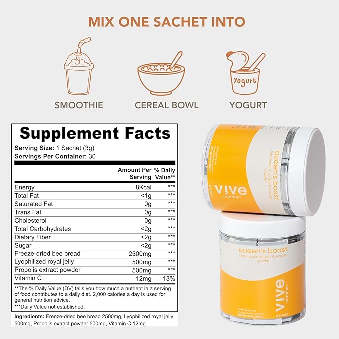 Queen's Boost - Sugar-Free Bee Bread, Royal Jelly & Propolis Powder with Vitamin C - Non-GMO, Immune and Energy Support- 30 Individual Sachets per Pack, 30-Day Supply