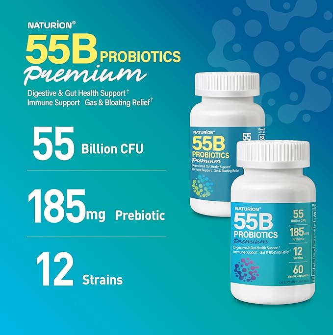55B Probiotics Premium - 55 Billion CFU, 12 Strains, 185mg Prebiotic - Immune Support, Digestive & Gut Health - Supports Occasional Constipation, Gas & Bloating - 30 Vegan Capsules, 30 Day Supply