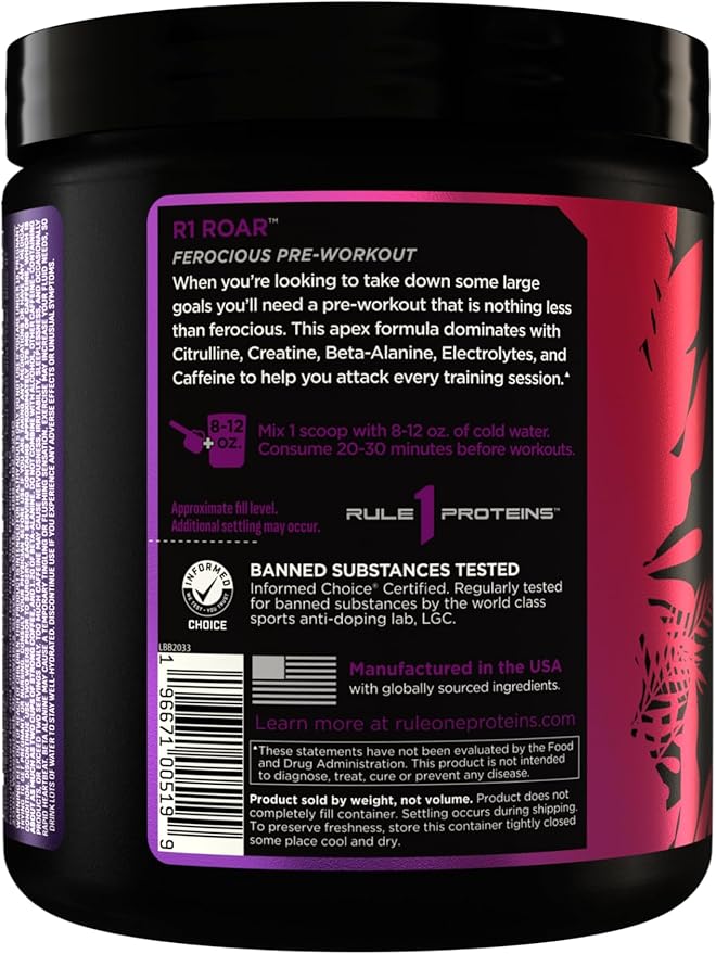 Rule 1 R1 Roar - Pre-Workout Powder with Creatine, Beta-Alanine, Citrulline, Electrolytes & Caffeine (30 Servings, Wild Grape)