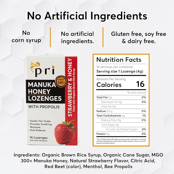 P.R.I Manuka Honey Lozenges with Propolis, Soothing Cough and Throat Drops, MGO 300+ Certified (Strawberry, 16 Count)