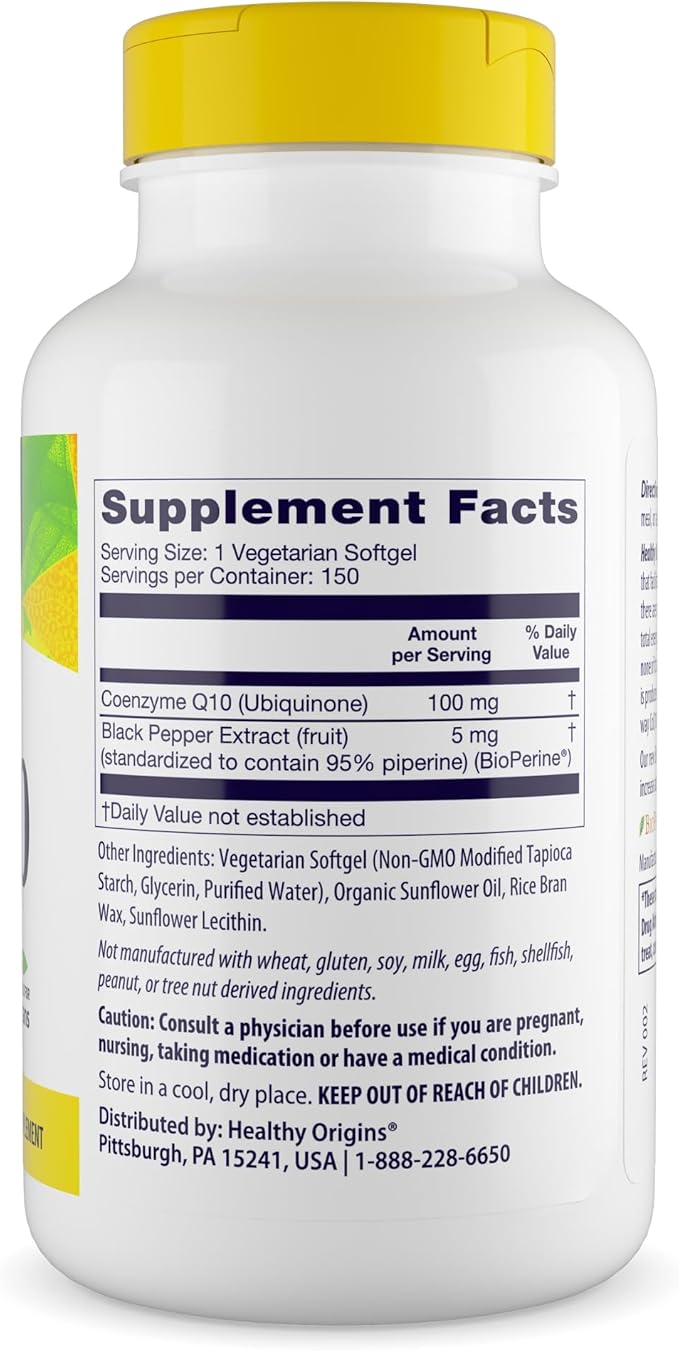 Healthy Origins Natural Enhanced CoQ10 (BioPerine®), 100 mg - Heart Health & Energy Supplement - Gluten-Free & Non-GMO Supplements, with BioPerine & Sunflower Lecithin ((Pack of 1) 150 Veggie Gels)