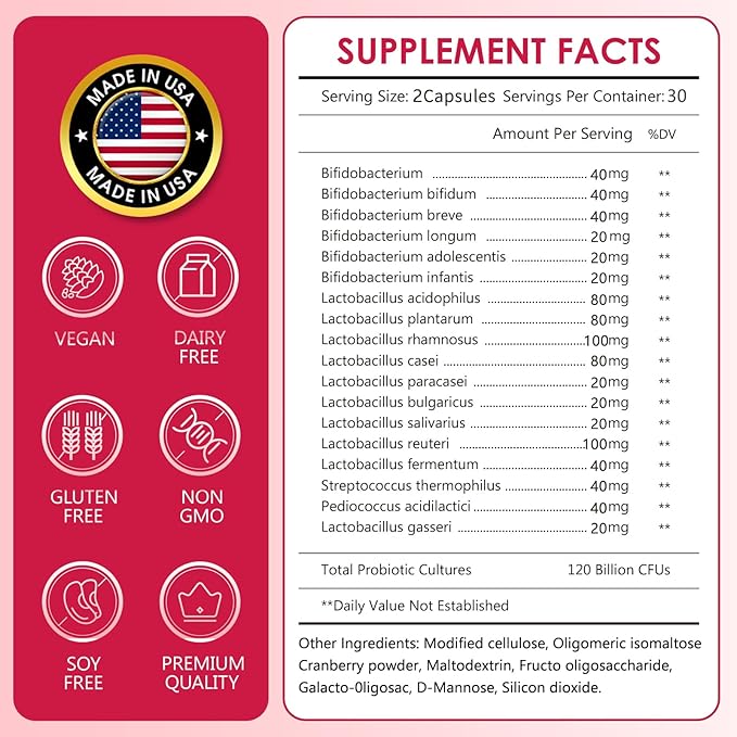 Women's Probiotics120 Billion CFUs 18 Strains 3 Prebiotics & Digestive Enzymes Contains Organic Prebiotic Cranberry Women's Health Digestive & Immune Support Non-GMO Soy Gluten Dairy Free