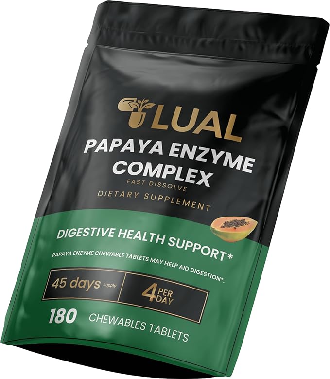 LUAL Papaya Enzyme Complex – Chewable Tablets with Papain, Bromelain & Digestive Enzymes – Supports Digestion & Nutrient Absorption – Natural Papaya Flavor – 180 Count