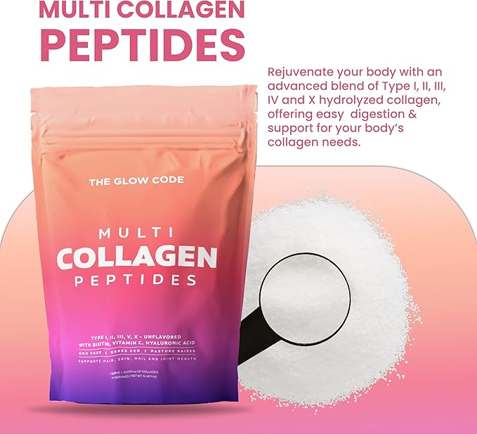 The Glow Code Multi Collagen Peptides – Type I,II,III,V & X Hydrolyzed Collagen Powder, Unflavored, Enhanced with Biotin, Vitamin C & Hyaluronic Acid