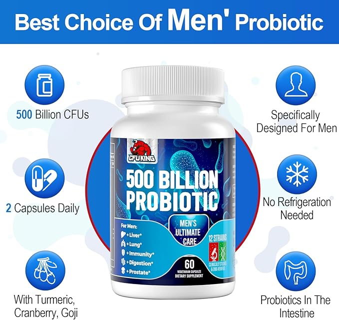 Probiotics for Men, 500 Billion CFU & 12 Mens Probiotic for Digestive Health + 4 Organic Prebiotic Fiber, for Digestive, Gut, Immune Health, Bloating, Gas, Energy Support, Shelf Stable - 60 Capsules
