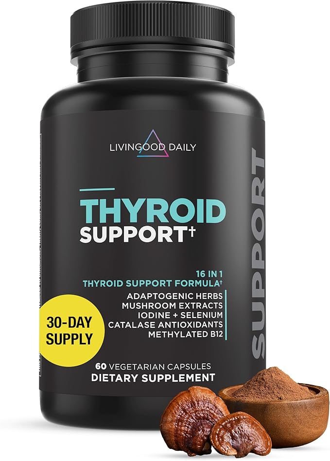 Livingood Daily Thyroid Support for Women & Men, 60 Vegetarian Capsules - Adaptogenic Herbs, Selenium & Iodine Supplement (from Kelp & Fronds) Support Metabolism, Hormone Balance, Mood, Thyroid Health