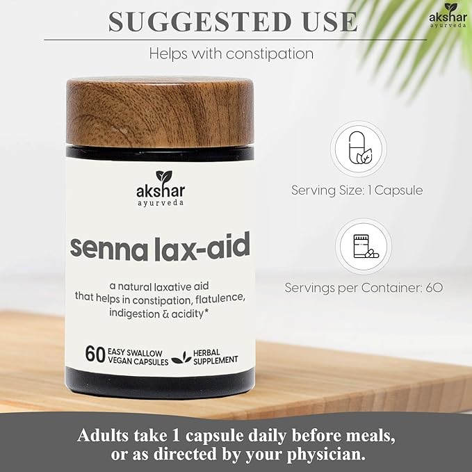 AKSHAR Ayurveda - Senna Lax Aid Herbal Constipation Relief & Laxative - Natural Bloating, Gas, Indigestion & Constipation Supplement - Vegan Cruelty Free (60 Count)