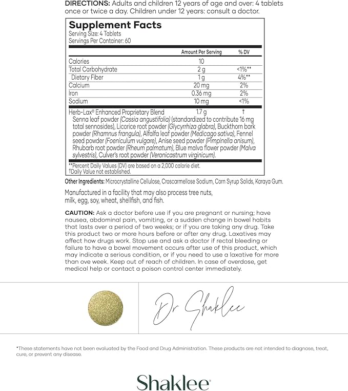 Shaklee - Herb-Lax® Gentle Laxative - Herbal Blend with Senna Leaf for Digestive Health & Regularity - Occasional Constipation Support- Enhanced Proprietary Formula - 240 Tablets