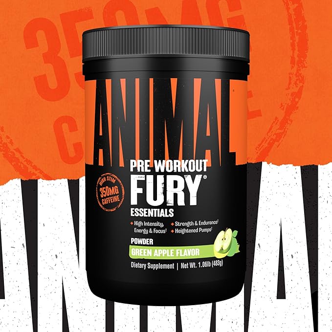 Animal Fury Pre Workout Powder - Green Apple, 350mg Caffeine, BCAA Amino Acids, 2g Beta Alanine, Citrulline & Tyrosine, Energy, Focus, Strength, Endurance, Preworkout for Men & Women, 30 Servings