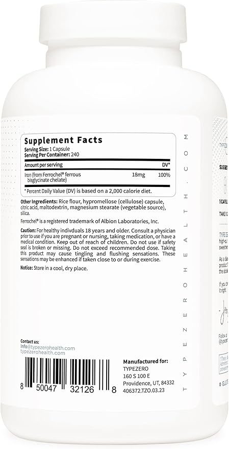Type Zero Iron Chelate Capsules (18 MG, 240 CAPS) from Ferrochel - Non-GMO and Gluten Free