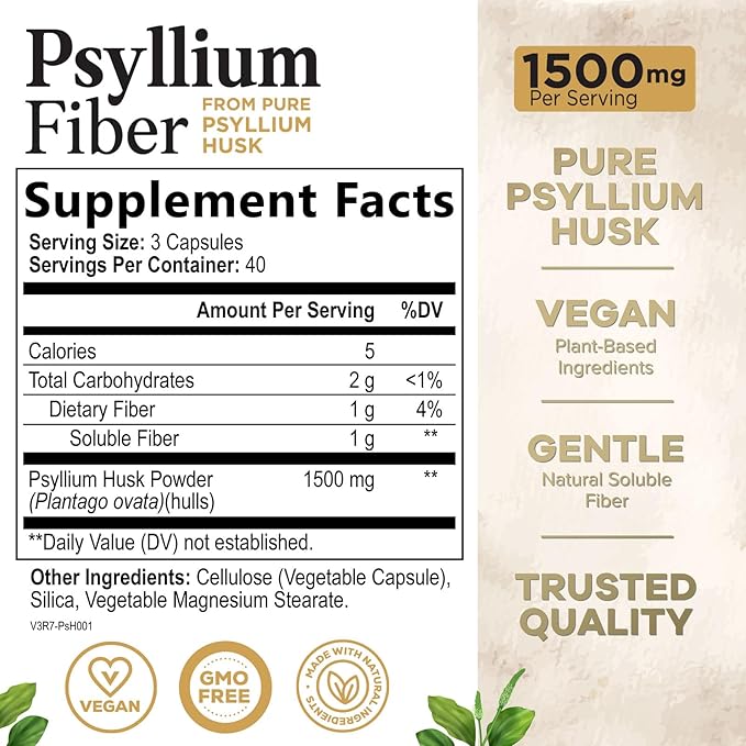 Psyllium Husk Fiber Caps 1500mg Supplement - Psyllium Husk Capsules Daily Support Digestive Health & Regularity, Nature's Plant Based Husks Natural Soluble Fiber Pills, Vegan, Non-GMO - 180 Capsules