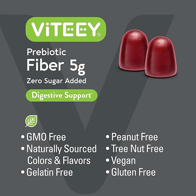 Viteey Prebiotic Fiber Gummies for Adults, 5g - Zero Sugar Added - Fiber Supplement for Digestive Health Regularity & Natural Weight Support - Vegan, Gelatin Free - Chewable Fruit Flavored Gummy