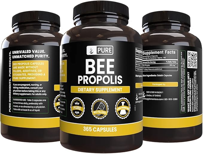 PURE ORIGINAL INGREDIENTS Bee Propolis (365 Capsules) No Magnesium or Rice Fillers, Always Pure, Lab Verified
