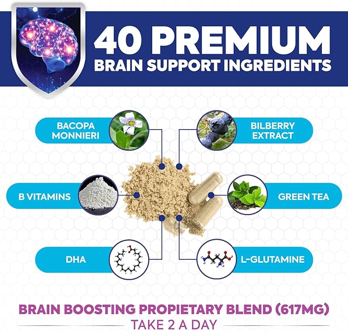 Brain Supplements for Memory and Focus - Extra Strength Nootropic Capsules for Concentration, Alertness, Cognitive Support - Phosphatidylserine, Brain Health Vitamins B6 C E Zinc - 60 Capsules
