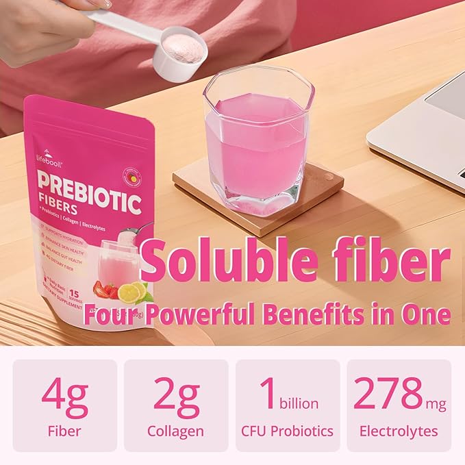 Fiber Supplement Powder with Probiotics & Collagen – Supports Digestive Regularity, Gut Balance & Debloating | Soluble Fiber Powder, Vegan Diets, Strawberry Lemon Flavor, 15 Servings
