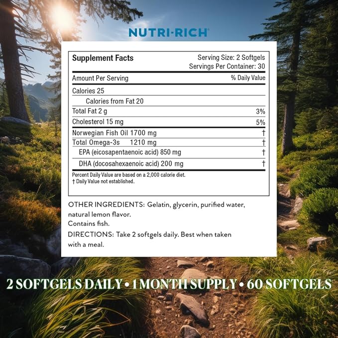 Nutri-Rich Mega EPA + DHA Fish Oil Softgels Norwegian Sustainable Omega 3 Supplements Fatty Acids, Gluten-Free, Burp-Free, Lemon Flavor, 1,210 mg Omega for Heart Health Support (60 Count)