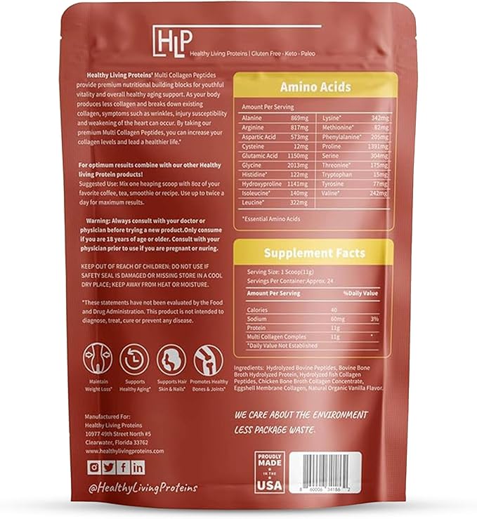 Healthy Living Proteins - Hydrolyzed Multi Collagen Peptides Powder Types I, II, III, V & X - Grass Fed Bovine, Wild Caught Marine, Free Range Chicken - Gluten Free (Vanilla, 16 oz)