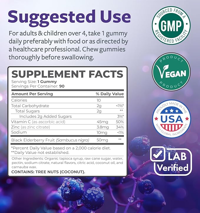 Sambucus Elderberry Gummies for Kids - Kids Immune Support Gummies with Black Elderberry Vitamin C and Zinc for Daily and Seasonal Wellness - Vegan Non-GMO & Lab Verified (3 Months Supply)