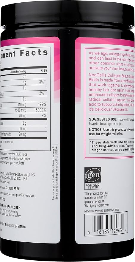 NeoCell Collagen Powder with Biotin, Vitamin C & Hyaluronic Acid, Collagen Type 1 & 3, Beauty Infusion Promotes Beautiful Skin, Healthy Hair & Nail, Gluten Free, Tangerine, 11.64 Oz