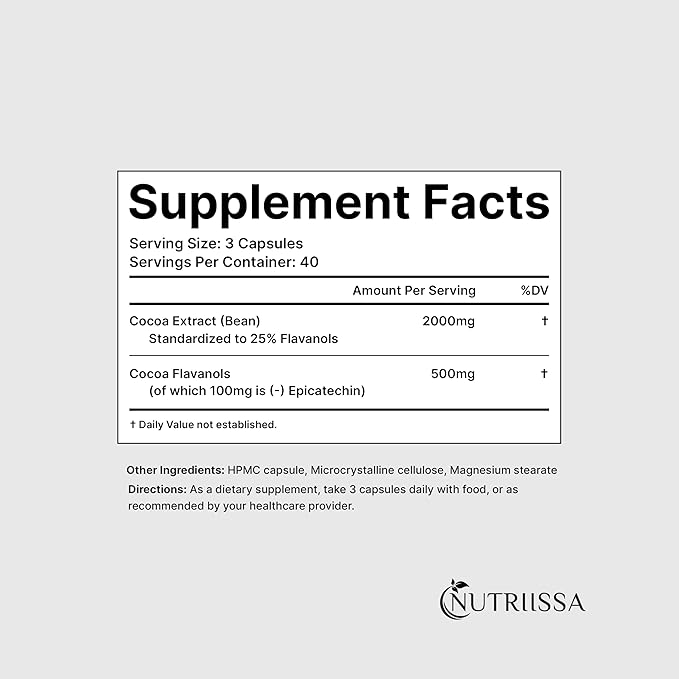 Nutriissa Cocoa Capsules 2000mg - Advanced Heart Health, Nitric Oxide & Circulation Support - 500mg Cocoa Flavanols per Serving - EPEB Certified for Purity & Potency - Vegan, 120 Capsules, 40 Servings