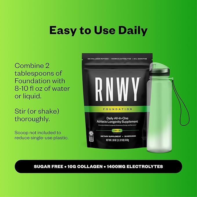 RNWY Foundation 10g Collagen Peptides + Hydration Powder, Daily Joint Support with Electrolytes, Lemon Lime, Sugar Free, 30 Servings