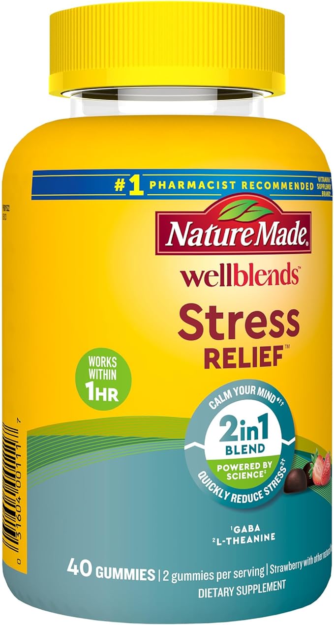 Nature Made Wellblends Stress Relief Gummies, L theanine 200mg to Help Reduce Stress, with GABA 100mg, Same Day Stress Support, 40 Strawberry Flavor Gummies