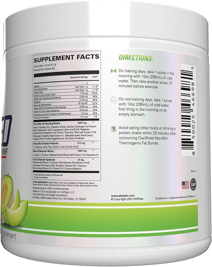 EHP Labs OxyShred Non Stimulant Pre Workout Powder - Stim Free Pre Workout, Caffeine Free Preworkout for Men & Women with L Glutamine & Acetyl L Carnitine - Honeydew Melon, 60 Servings